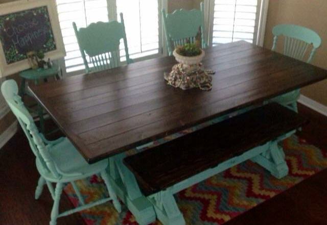 Custom painted furniture brown and aqua table and chairs